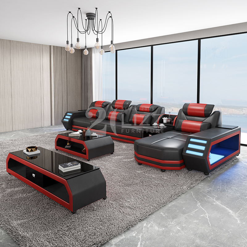 Divano componibile a led in pelle di medie dimensioni con chaise
