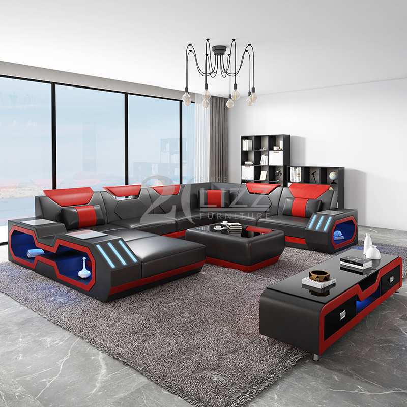 Divano Componibile Led in Vera Pelle con Chaise Lounge