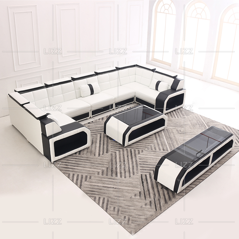 Elegante divano componibile in tela con tavolino da caffè